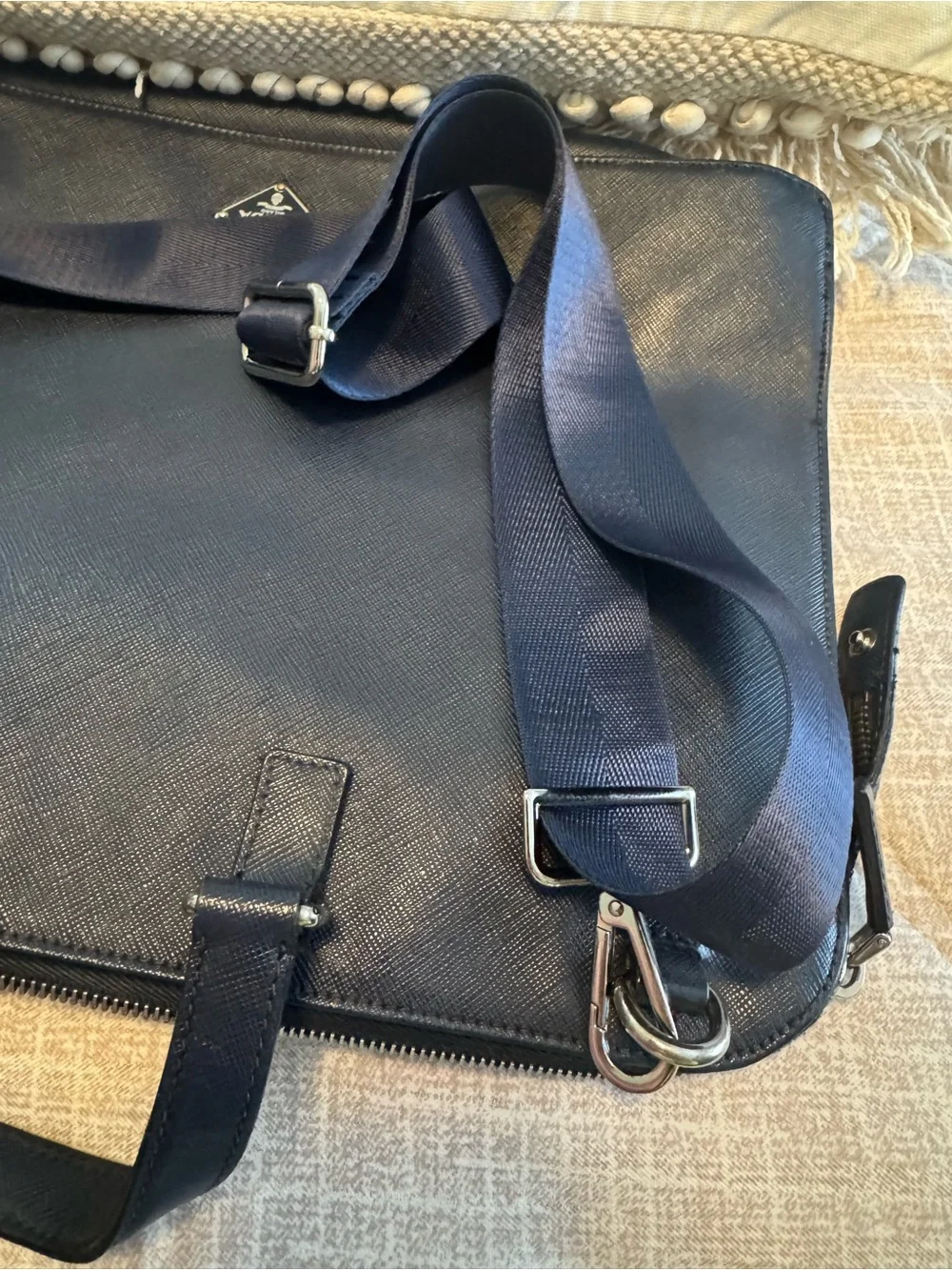 Prada Navy (Bluette) Saffiano Leather Briefcase with Shoulder Strap
